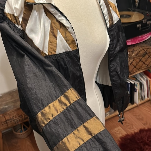 Vintage 80s Zip Up Metallic Gold and Black Draw String Track Jacket Women Size L - Picture 11 of 15